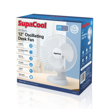 SupaCool Oscillating Desk Fan 12" - 3 speed settings - 75 degree oscillation