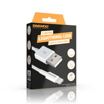 Daewoo 3m USB-A To 8 Pin Lightning Cable 2a