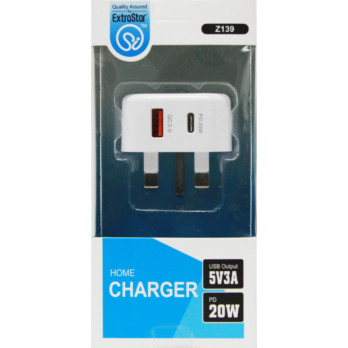 Extrastar USB + Type C Home Plug Charger White