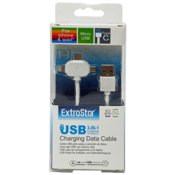 Extrastar 3 in 1 USB Data Charging Cable - Micro USB Type C iPhone & iPad