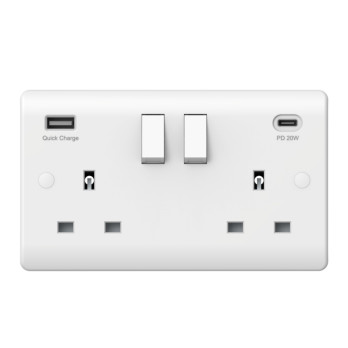 Securlec 2 Gang Switched Socket Double Pole With USB A + C Round Edge