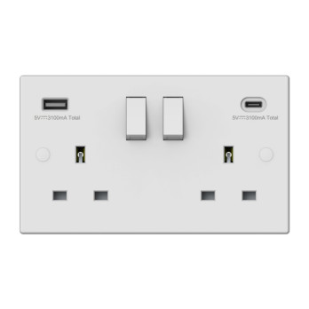 Securlec Switched Socket With USB A + C Double Pole Square Edge