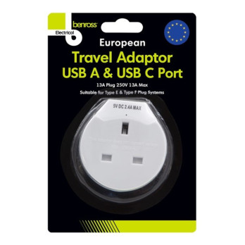Benross 1 Way European Travel Adaptor 1 x USB-A and 1 x USB-C