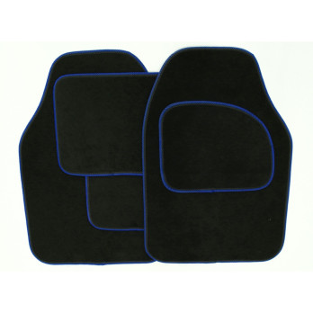 Streetwize Velour Carpet Mat Sets with Coloured Binding - 4 Piece Black With Blue Piping