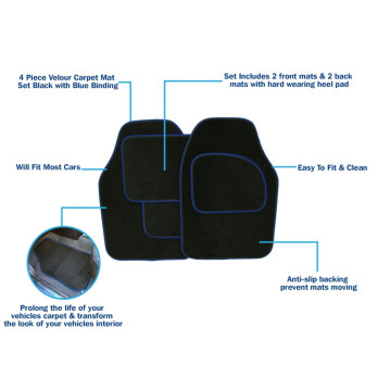 Streetwize Velour Carpet Mat Sets with Coloured Binding - 4 Piece Black With Blue Piping