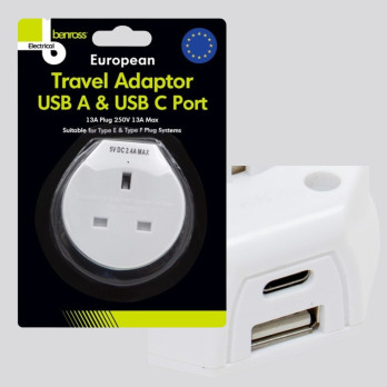 Benross 1 Way European Travel Adaptor 1 x USB-A and 1 x USB-C