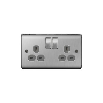 BG 13a 2 Gang Switch Socket Brushed Steel With Grey Inserts