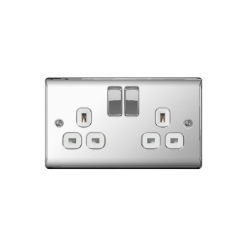 BG 13a 2 Gang Switch Socket Polished Chrome With White Inserts