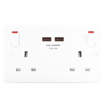 BG 2 Gang 13a Switched Socket With Outboard Rockers + 2 x USB (2.1A) White