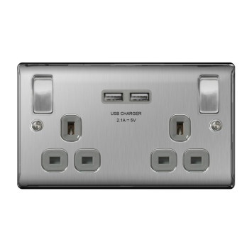 BG 13a 2 Gang Switch Socket & USB Brushed Steel With Grey Inserts
