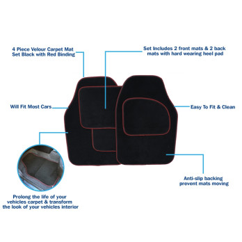 Streetwize Velour Carpet Mat Set with Coloured Binding - 4 Piece Black/Red