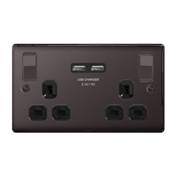 BG 13a 2 Gang Switch Socket & USB Black Nickel With Black Inserts