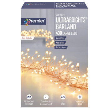 Premier 430 LED Multi Action Ultra Brights Garland Warm White /Rose Gold Wire