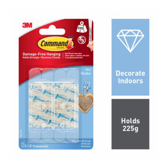 Command Mini Clear Hooks with Clear Strips 6 Hooks, 8 Small Strips