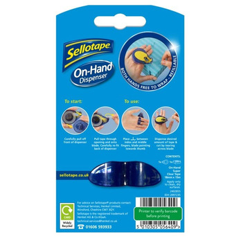 Sellotape On Hand Dispenser Including 18mm X 15m Roll fits between your fingers for hands free