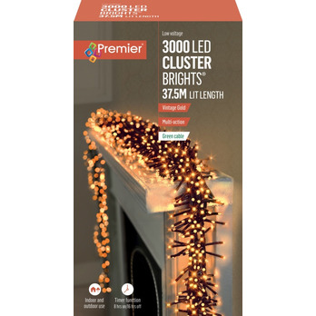 Premier 3000 LED Multi Action Cluster Brights With Timer Vintage Gold/Green Cable