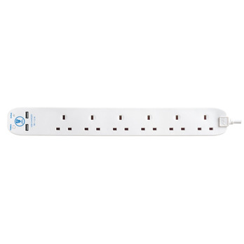 Masterplug 6 Gang Surge Extension Lead With 2 USBs 2m - Surge Protected Power Strip