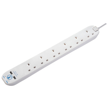 Masterplug 6 Gang Surge Extension Lead With 2 USBs 2m - Surge Protected Power Strip
