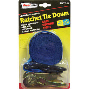 Streetwize Ratchet Tie Down with S Hook 5m - Buckle & max safe load 250kg