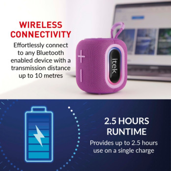 Itek Bluetooth Purple Speaker & LED Lights 5w AUX-in USB TF or  Micro-SD