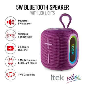 Itek Bluetooth Purple Speaker & LED Lights 5w AUX-in USB TF or  Micro-SD