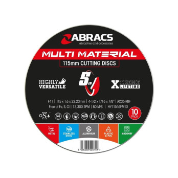 Abracs Multi Material 5 in 1 Flt Metal Cutting Disc Tin 10 115mm x 1.6mm x 22.23mm